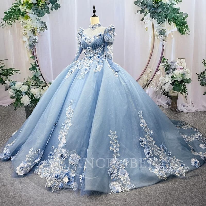 Abiti Quinceanera blu lucidi con spalle scoperte Applique in pizzo con perline di cristallo maniche lunghe Tull Party Compleanno Sweet 16 Dres