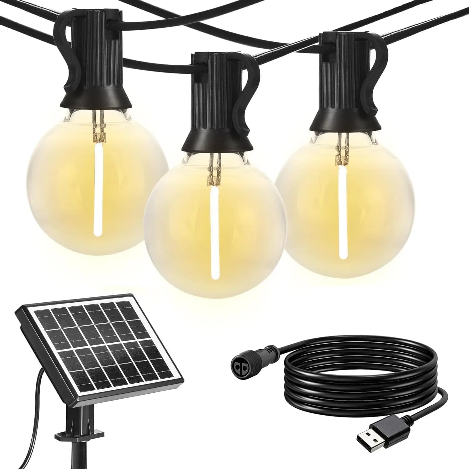 Luci Solari a Stringa da 15 Metri, Ricaricabili USB per Esterni con 24 Lampadine LED Impermeabili per Patio, Giardino, Campeggio