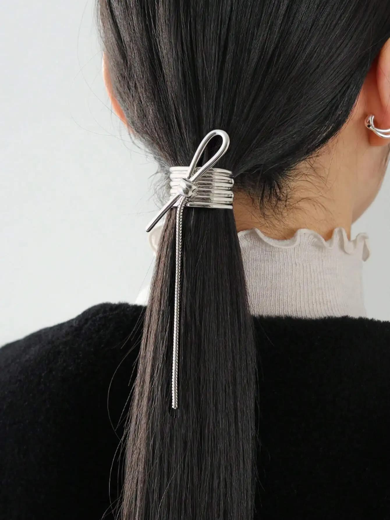 1pc Elegante Fermaglio per Capelli a Catena da Donna, Accessorio Casual con Fiocco per Coda di Cavallo, Clip a Becco d'Anatra per San Valentino