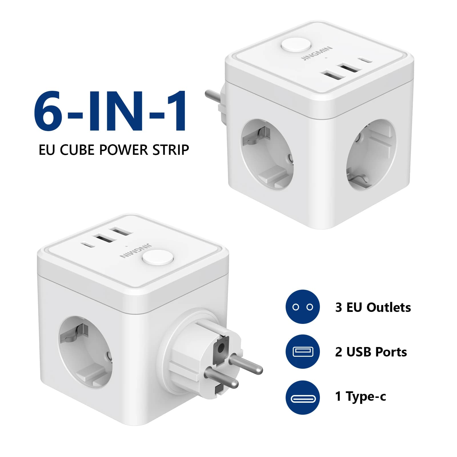 Wall Socket Extender with Switch 3 Outlets 2 USB A and 1 Type C Port Portable Cube Socket Power Strip Adapter Charging For Home