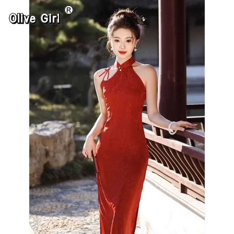 Olivegirl Abito rosso cinese Cheongsam Sposa migliorata Bellissimo fidanzamento Abito estivo leggero per ragazza 2026 Serata di festa