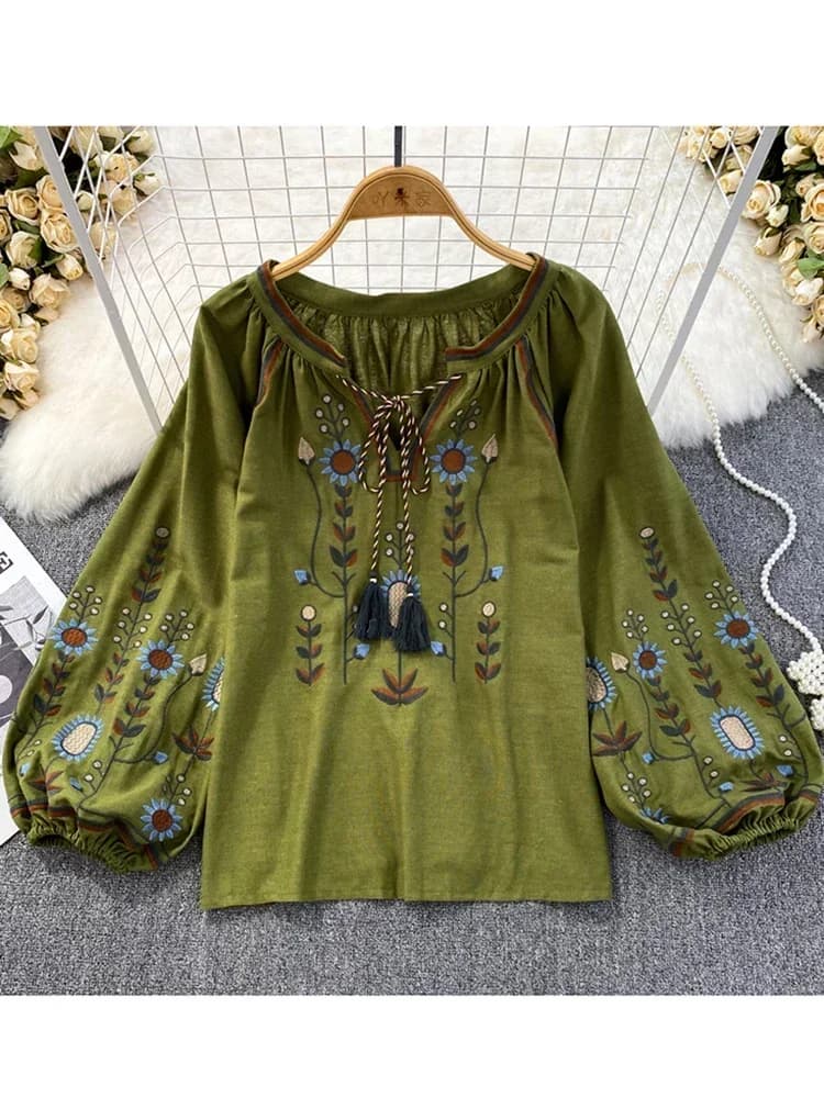 Women's Spring blouse ethnic style literature retro shirt pullover lapel in loose cotton embroidered top casual D3549