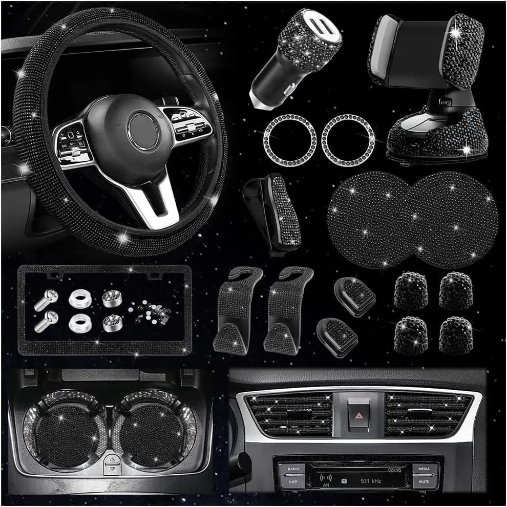 Set di 27 Accessori Auto Luccicanti per Donne, Coprivolante in Cristallo da 15 Pollici, Cornice Porta Targa, Caricatore USB e Supporto Telefono