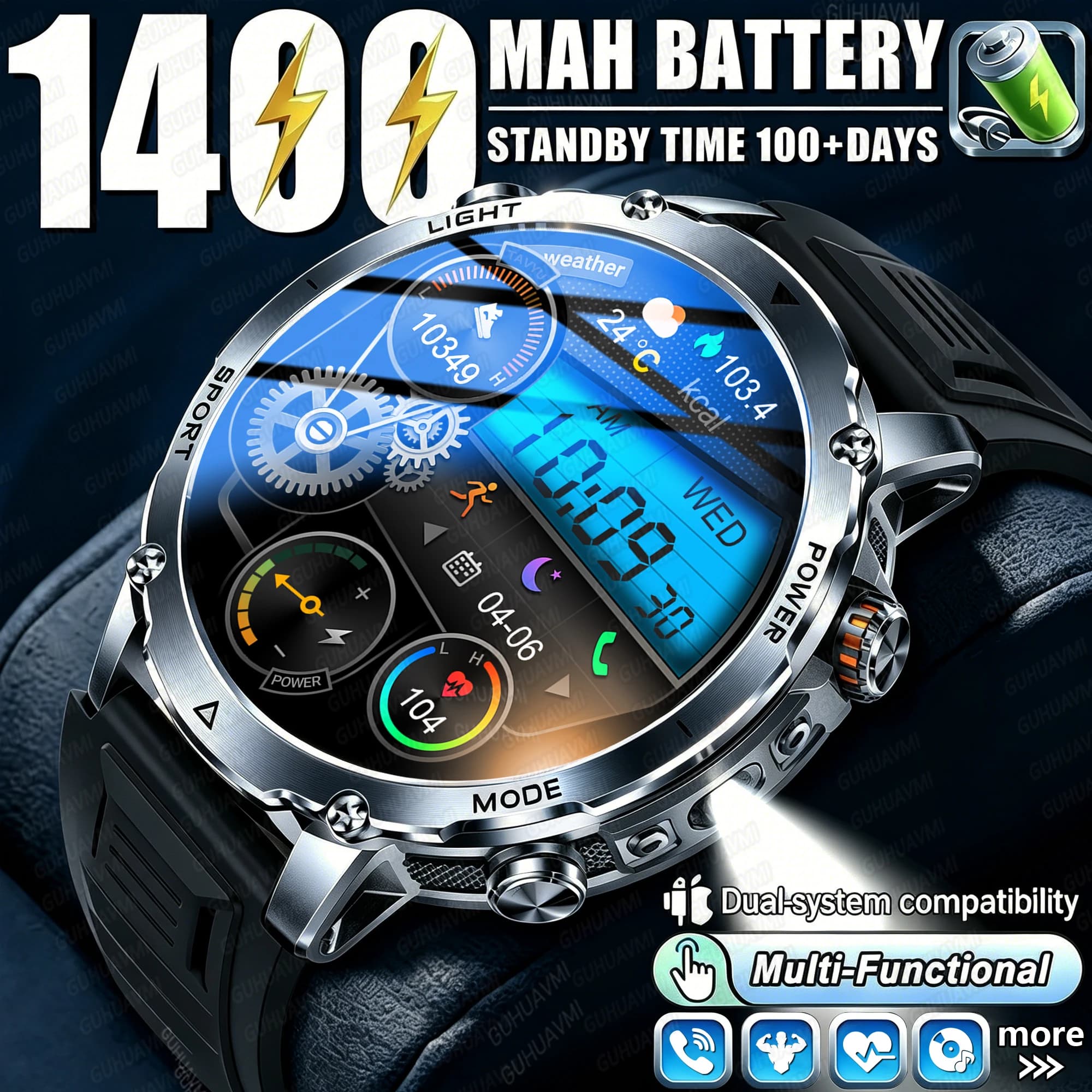 Nuovo Smartwatch Uomo con Batteria Grande da 1400mAh, Schermo HD da 1.7", Impermeabile IP68K, Torcia LED, Chiamate BT e Funzioni Sportive - Braccialetto Intelligente