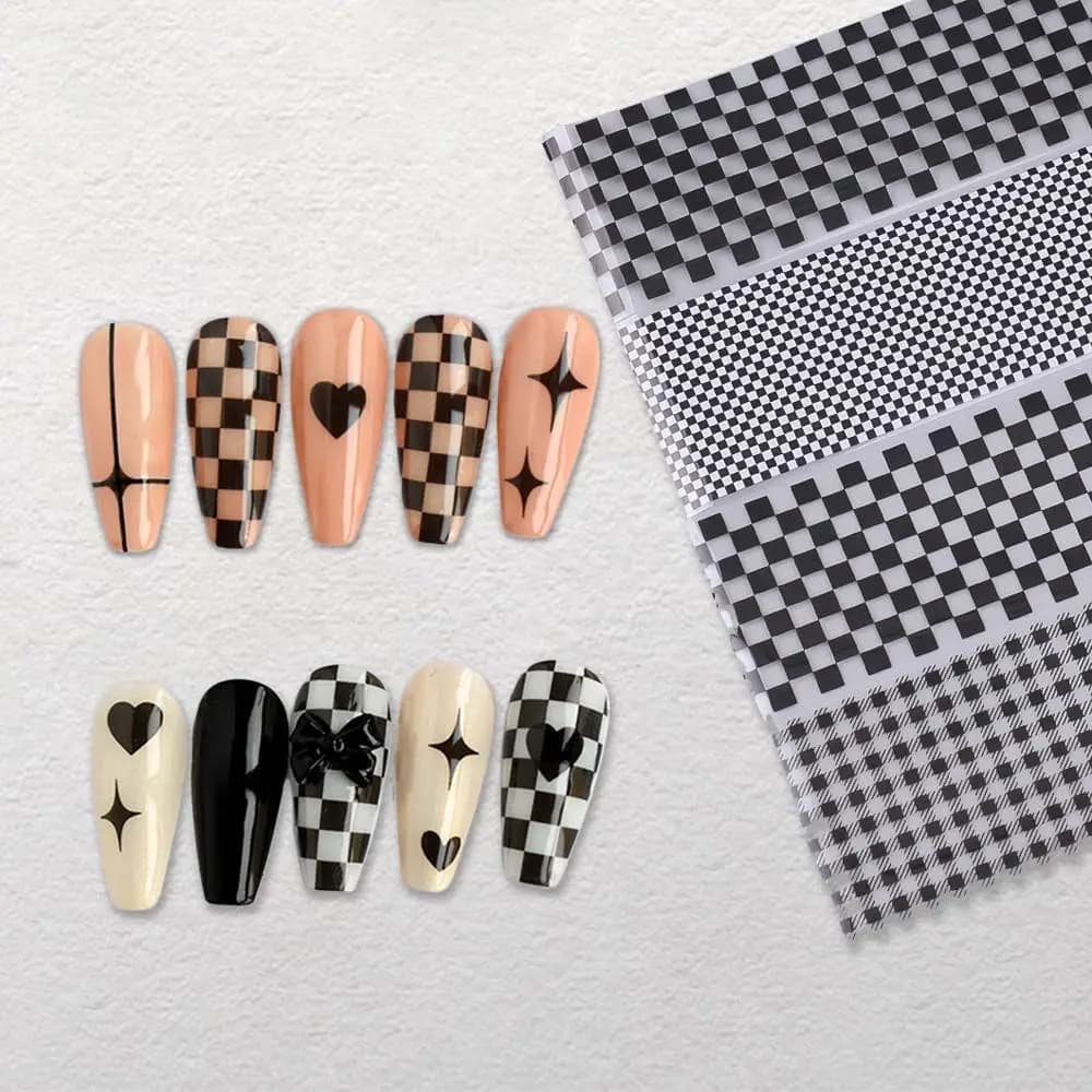 Decorazioni per Unghie a Scacchiera Nera, Adesivi per Nail Art, Fogli per Unghie a Scacchiera, Adesivi per Nail Art