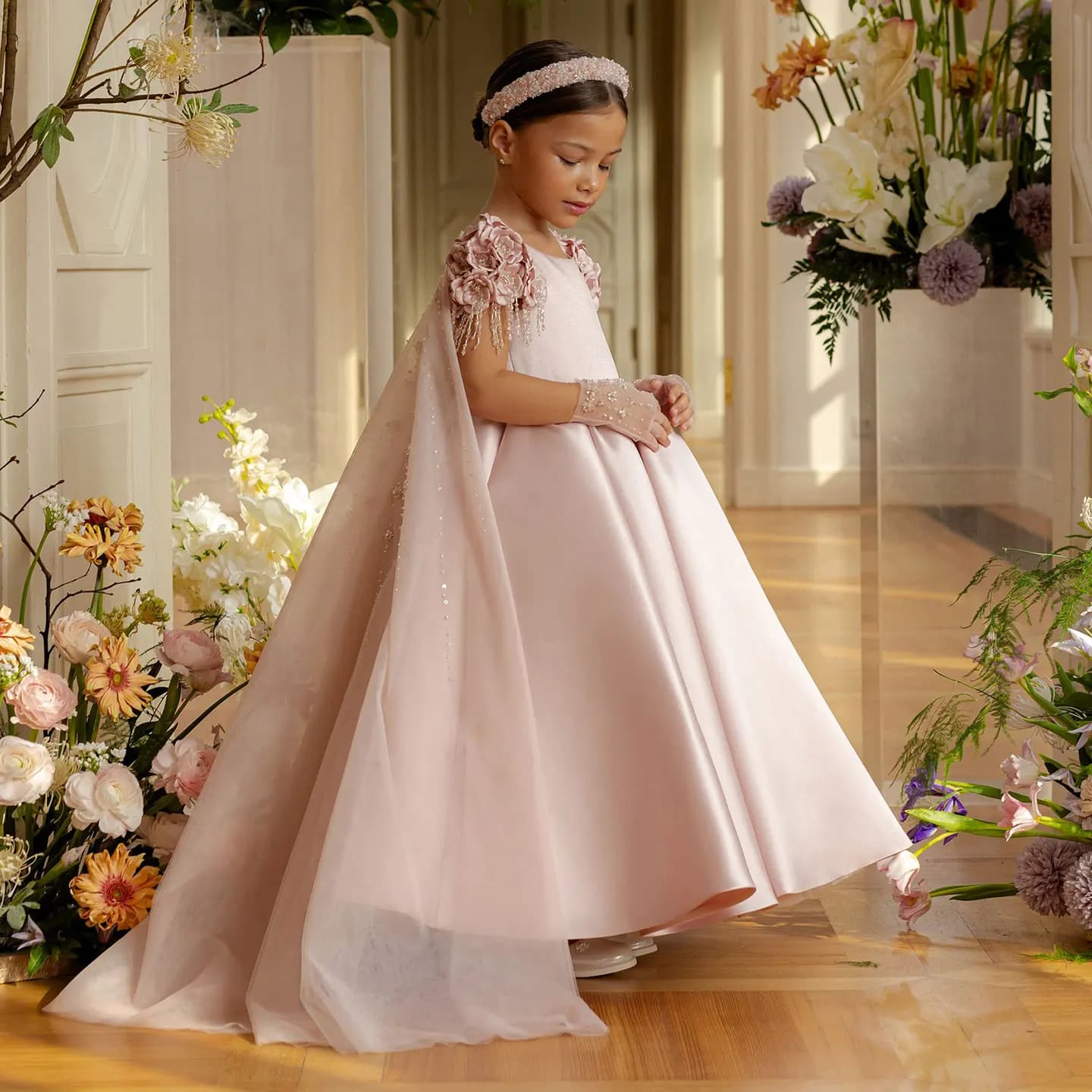Jill Wish J037 Luxury Dusty Pink Girl Dress Beadeds Arabic with Cap Handmade Flowers Princess Kids Wedding Birthday Party Gown