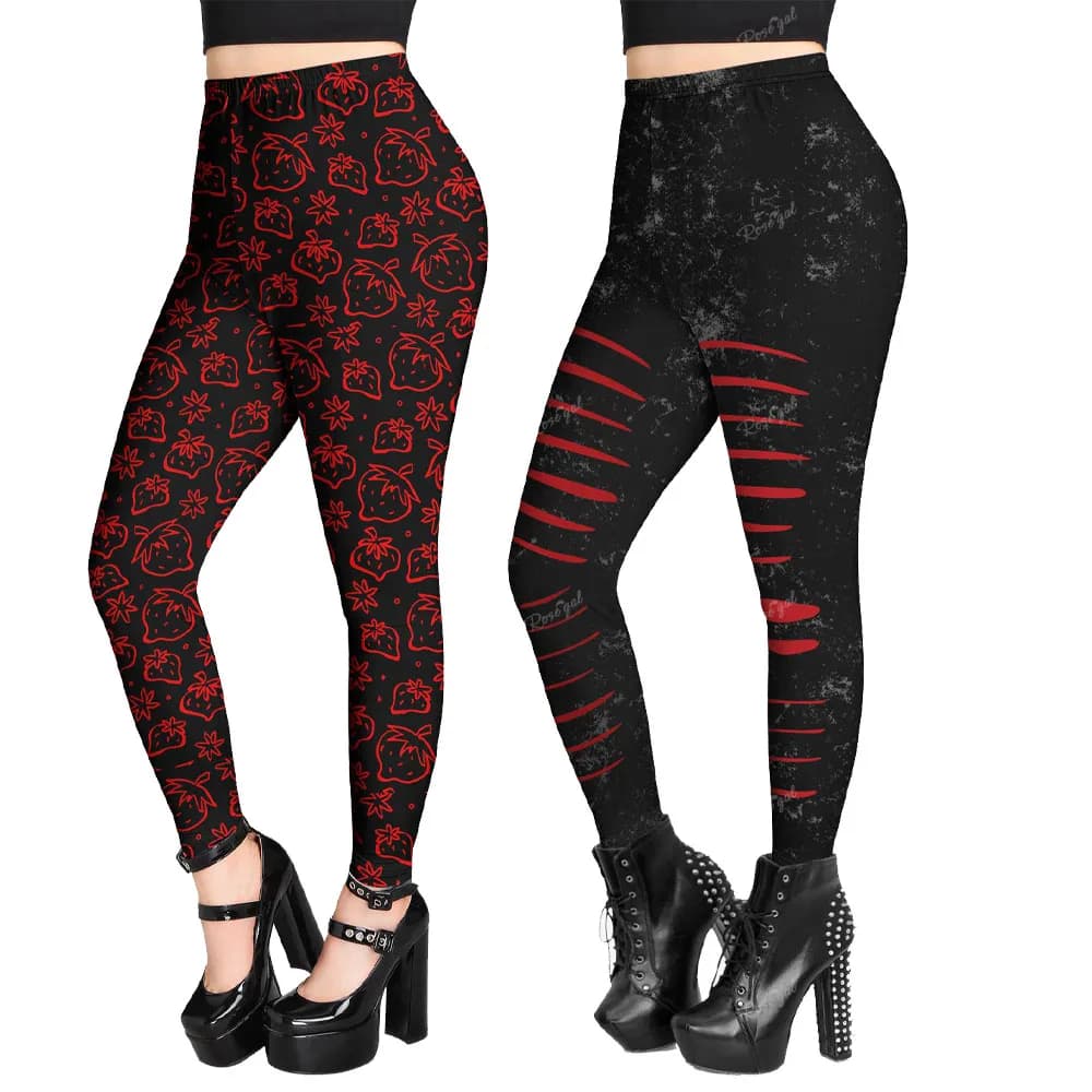Women's Skinny Leggings Gothic Colorblock Marled Ripped 3D Printed, Strawberry Graphic Pencil Pants Casual Bottoms 3XL