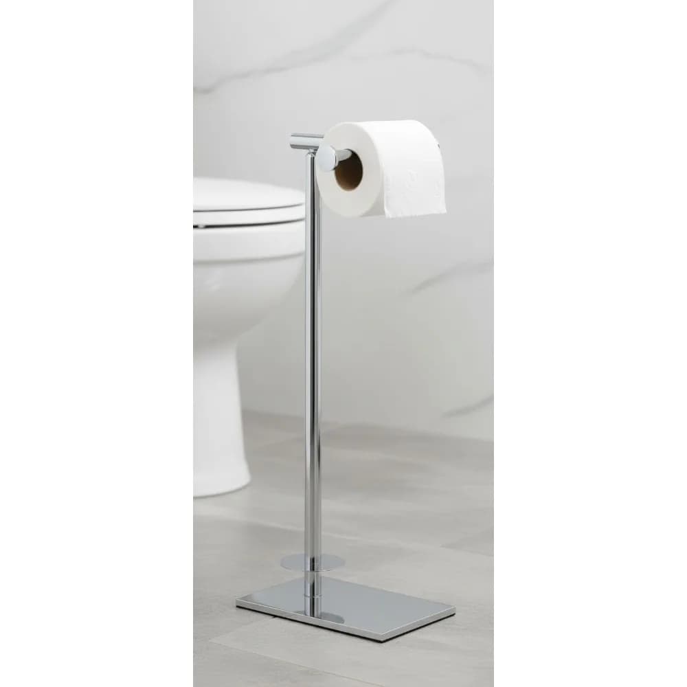 Porta carta igienica quadrato moderno con portaoggetti, finitura cromata, organizer da bagno indipendente