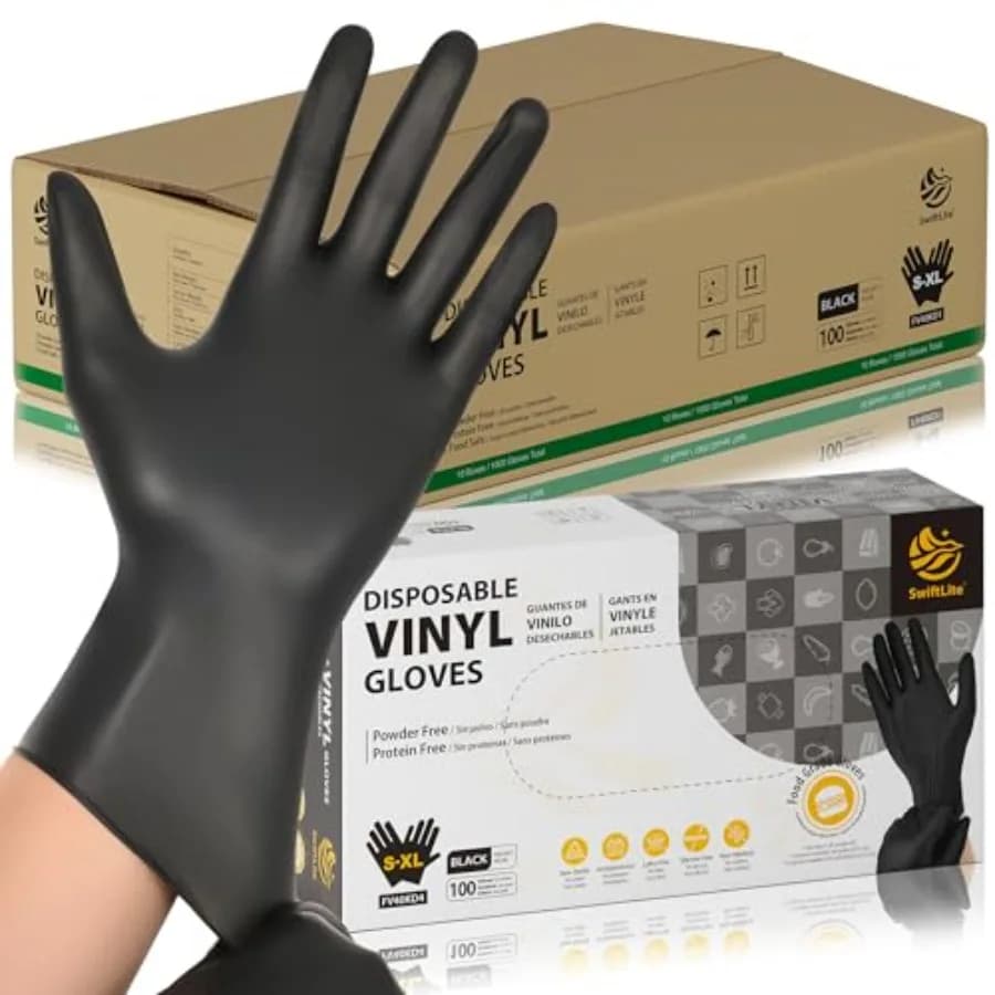 Guanti in Vinile Nero Monouso Senza Lattice e Senza Polvere per Pulizia, Cucina e Preparazione Alimenti