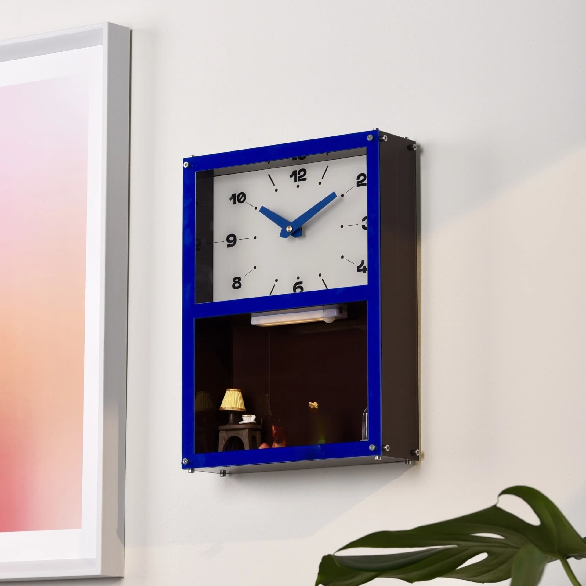 Modern Wall Clock with Blue Frame, Interior Decoration, Without Drilling, for Domestic Use, with Storage Room, Living Room Furniture and Bedroom