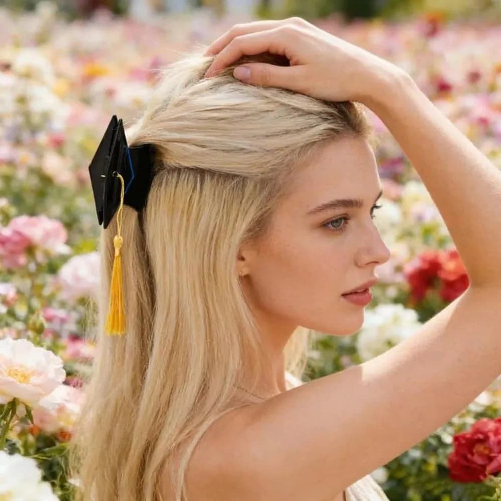 Fermaglio per capelli creativo a forma di tocco di laurea con nappe gialle, portatile, grazioso e piccolo, per ragazze