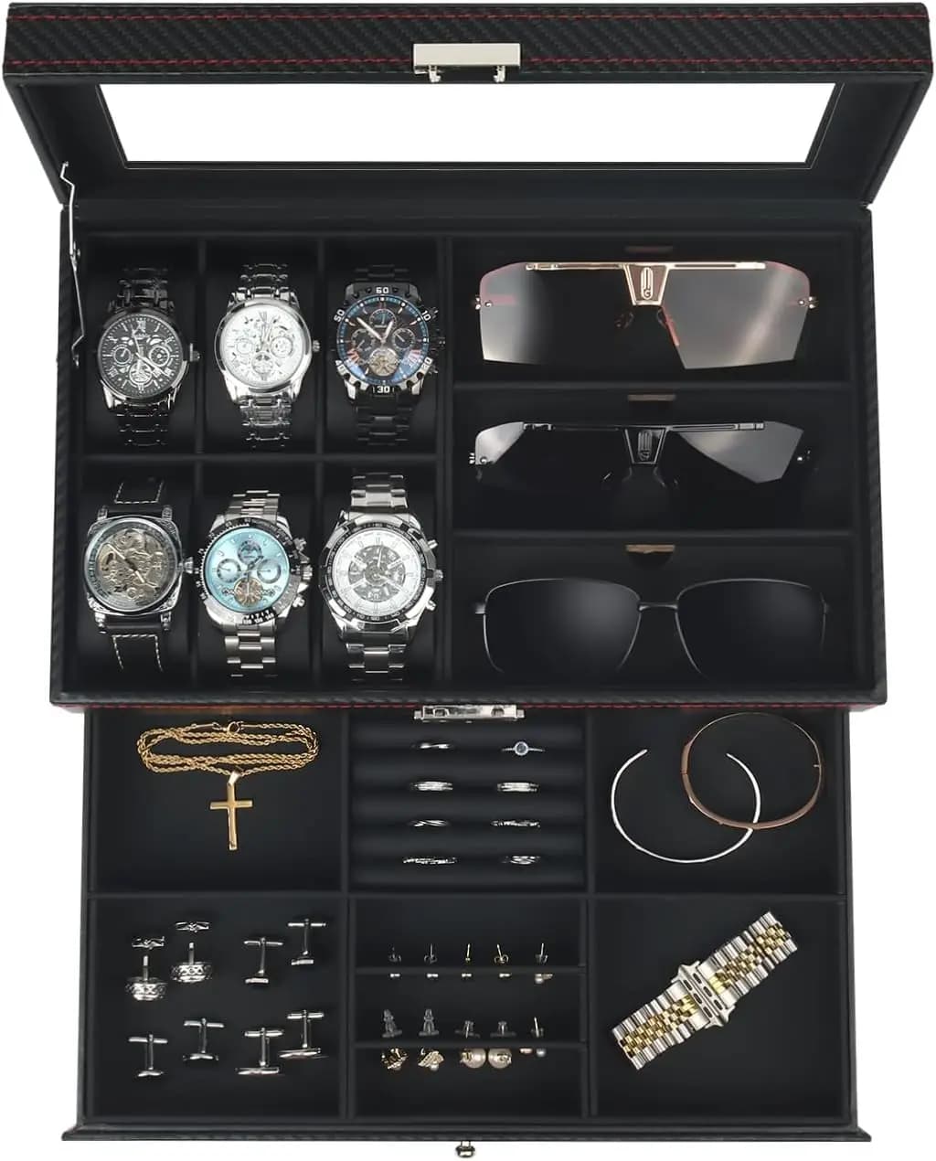 Watch Jewelry Box Organizer, 6-Slot 2-Layer Watch Case and Sunglasses Storage with Large Glass Lid, Men's Jewelry Box with Lock, Watch Holder Display Case, Fathers Day Gift for Dad