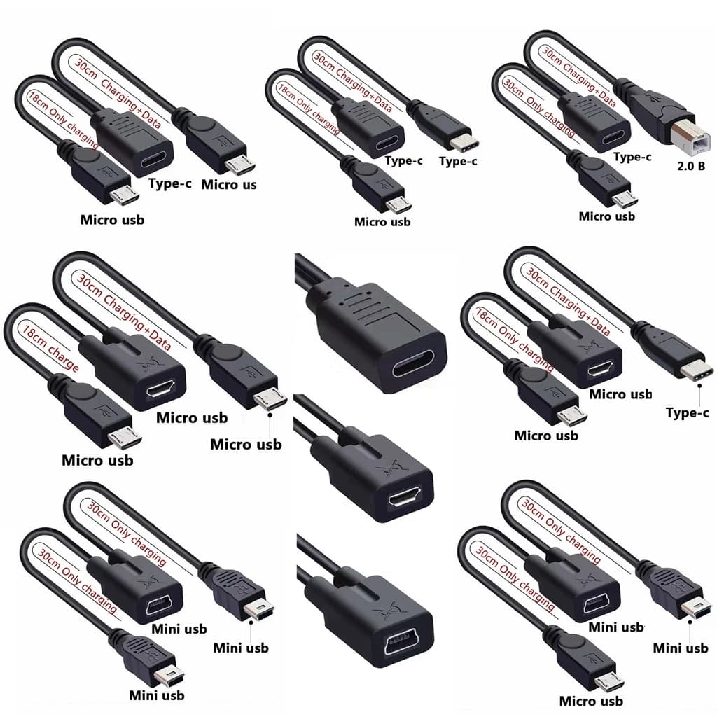 Mini MICRO USB Tipo-C Femmina a 2 X Mini USB USB-B Tipo-c Maschio Splitter generale Estensione Y Ricarica + Adattatore dati Cavo a Y 30 cm