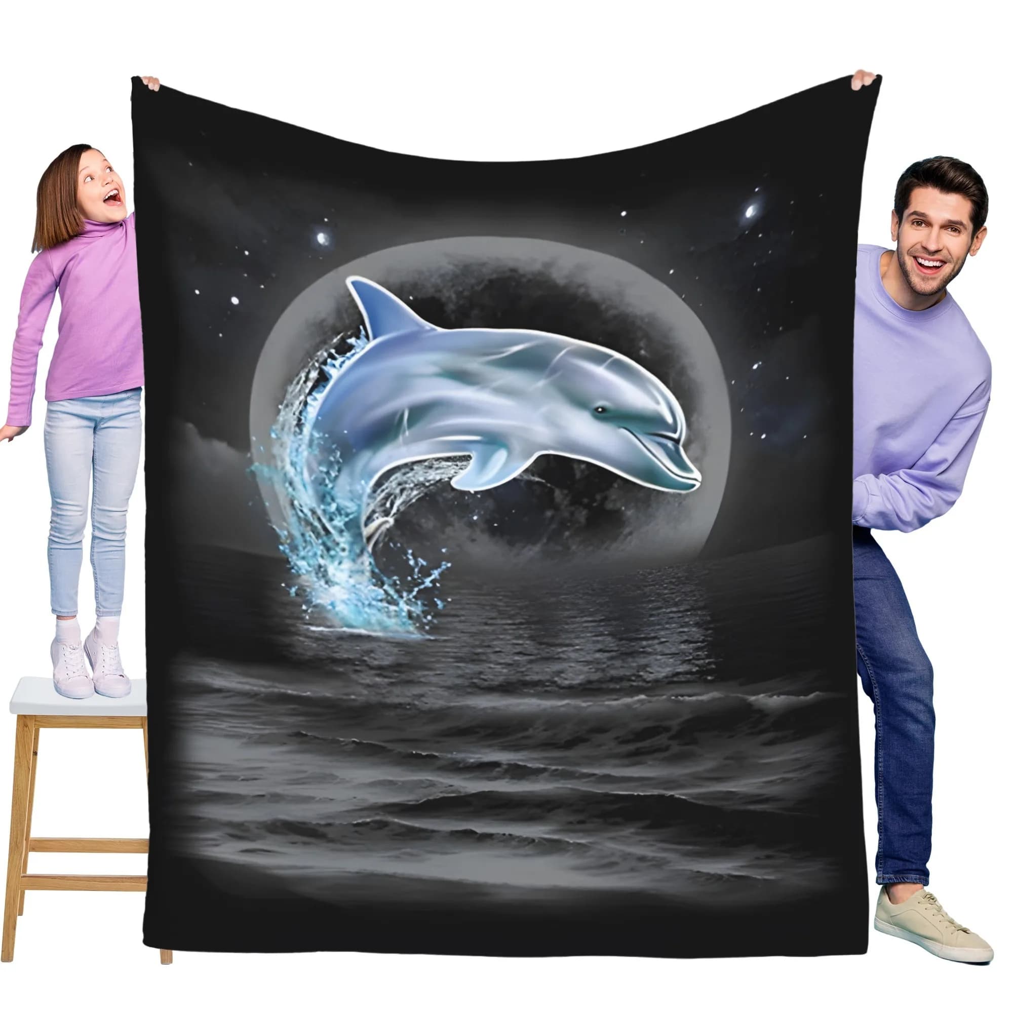 Coperta in flanella a tema Fantasy Moon Night Dolphin Ocean Morbida e calda, perfetta per divano, letto, ufficio e viaggi
