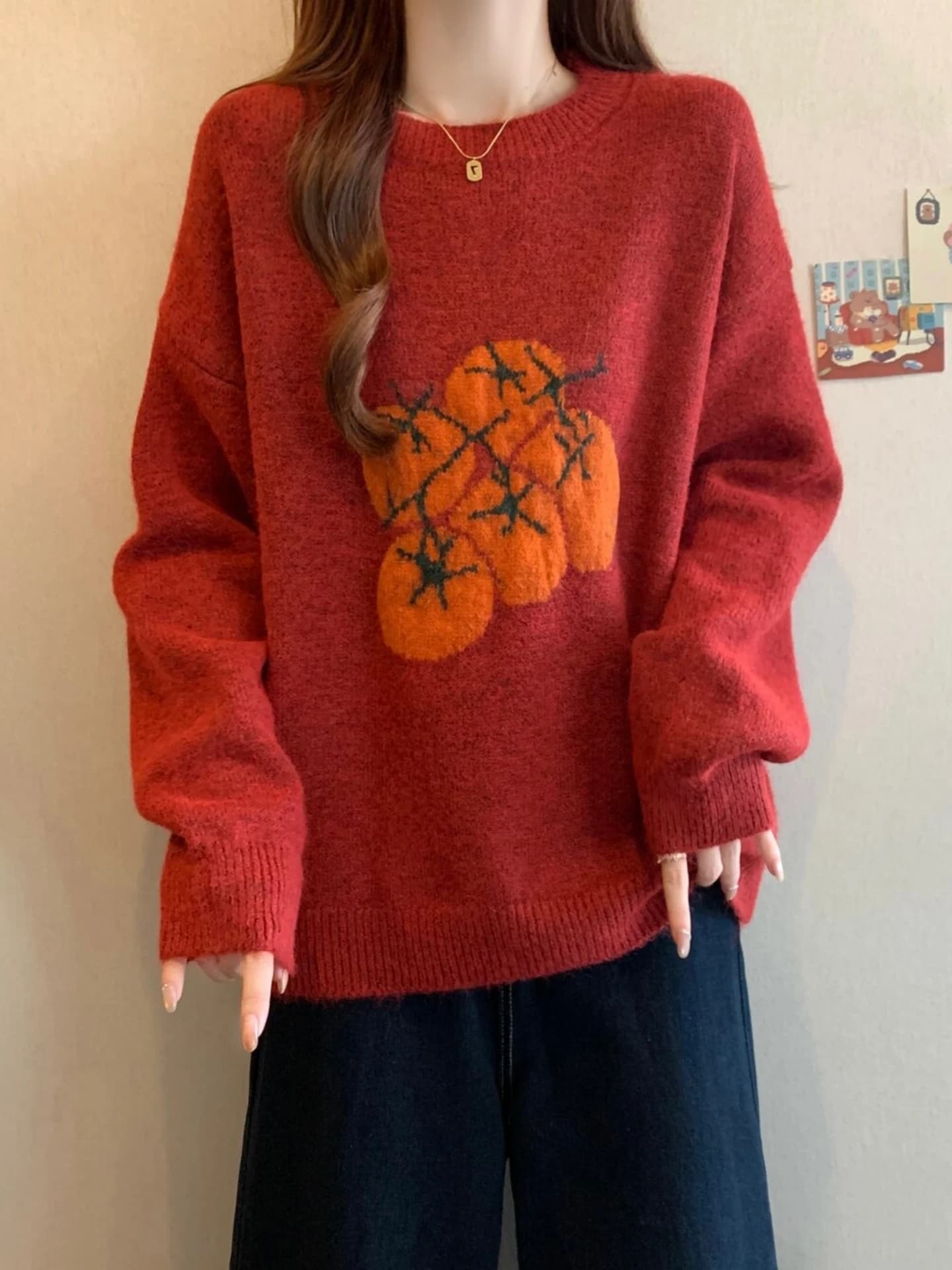 Red Knitted Sweater with Embroidery Loose Fit for Women Spring Autumn New Style plus Size Conceals Belly Anti-Aging Top