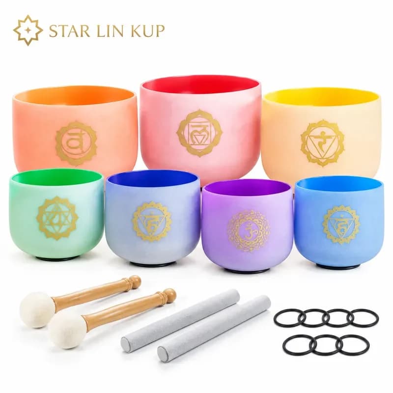 STAR LIN KUP 7pcs Frosted Quartz Crystal Singing Bowls Set 6-12 Inch Color Chakra Design for Sound Healing Meditation Yoga