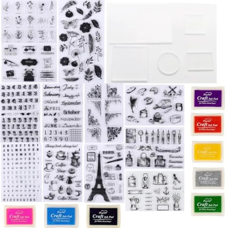 352 Pieces Acrylic Stamp Blocks Tools Set Include 339 Clear Stamp Blocks, 8 Pcs Colorful Craft Ink Pad 5 Pcs Clear Stamping Blo