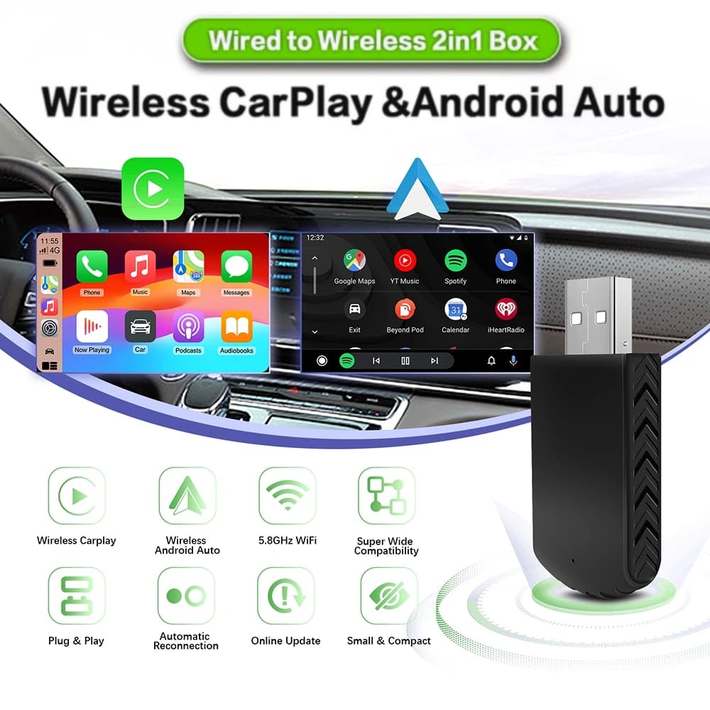 Mini Box AI 2 in 1 Wired Carplay Wireless and Android Auto Compatible with 99% Smart Dongle Plug and Play Cars