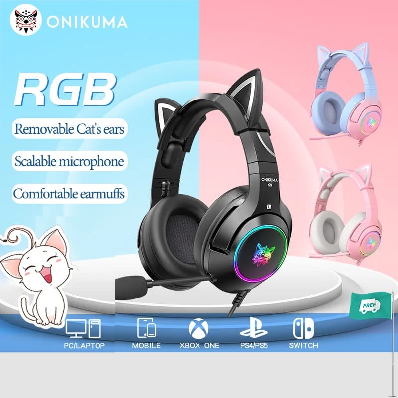 ONIKUMA K9 Wired Headphones with RGB Light Flexible HD Microphone 3.5mm Gaming Headphones Computer Headphones for PC Gamer PS4 XBox