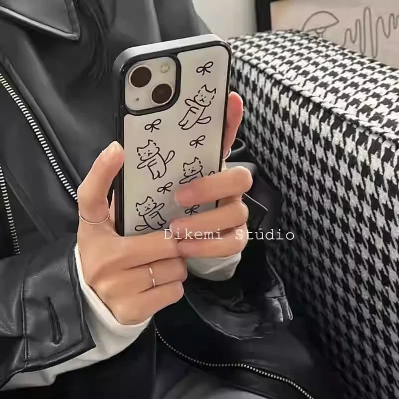 Custodia Anti-Caduta Y2K con Illustrazione Gatto con Papillon Stile Ins per iPhone 17 Air 16 15 14 13 12 11 Pro Max 16 17 Pro 15 Plus