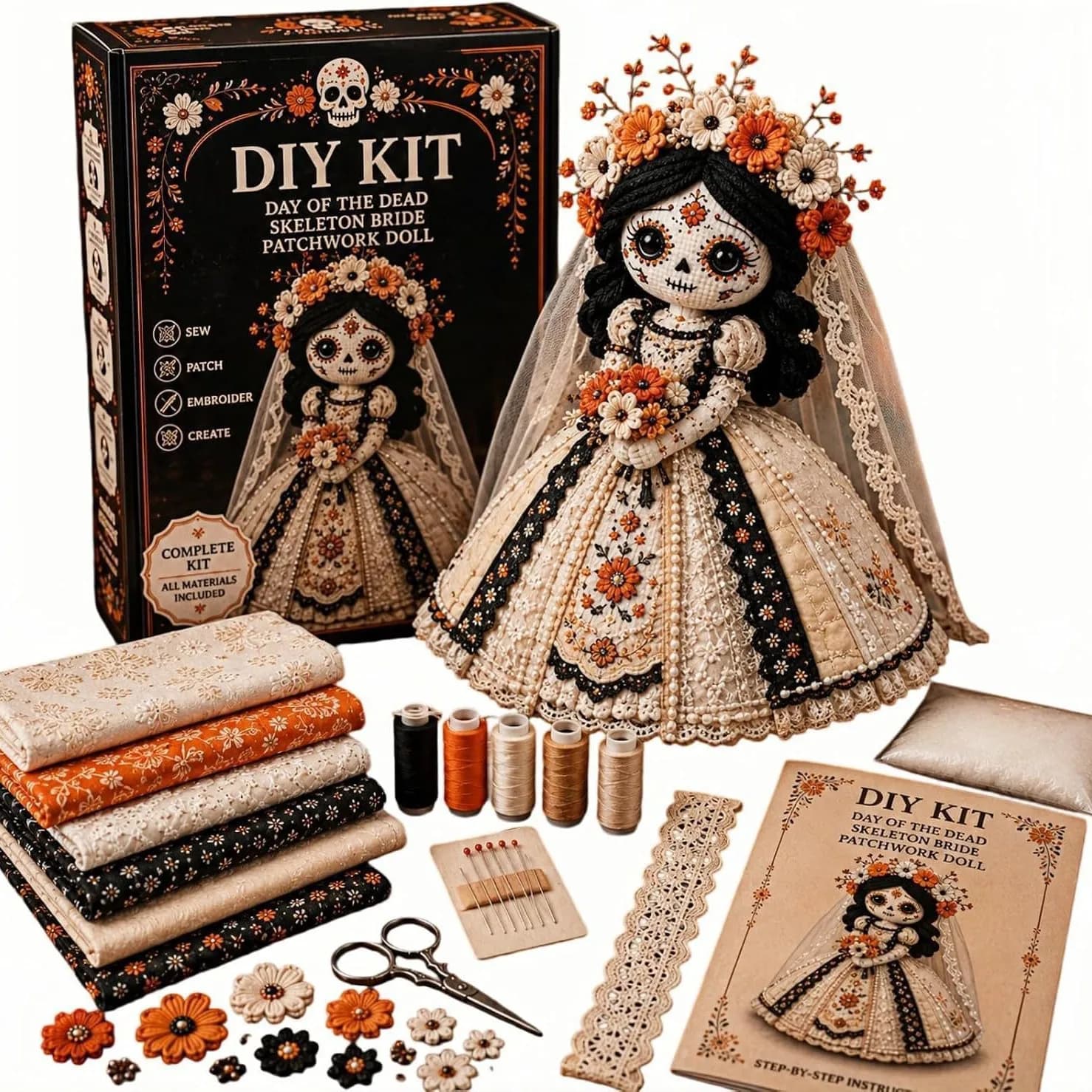 Halloween Themed DIY Sewing Craft Kit Full Supplies for Making Butterfly Patchwork Doll Hand Stitching Project Gift