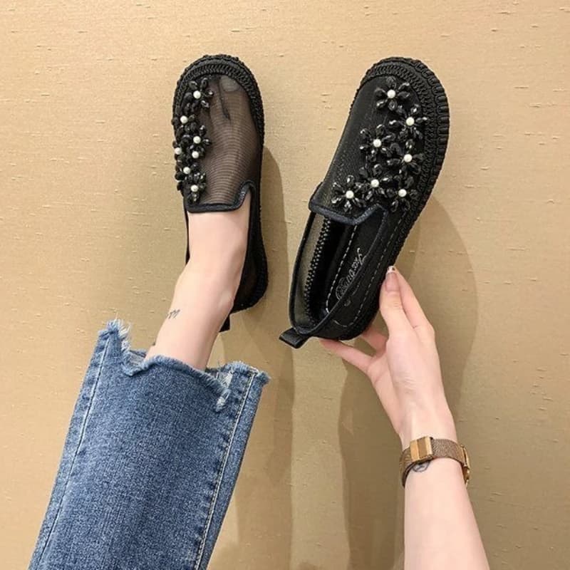 2026 New Women Rhinestone Fisherman Shoes Summer Flat Bottom Korean Style Slip on Casual Mesh Breathable Loafers