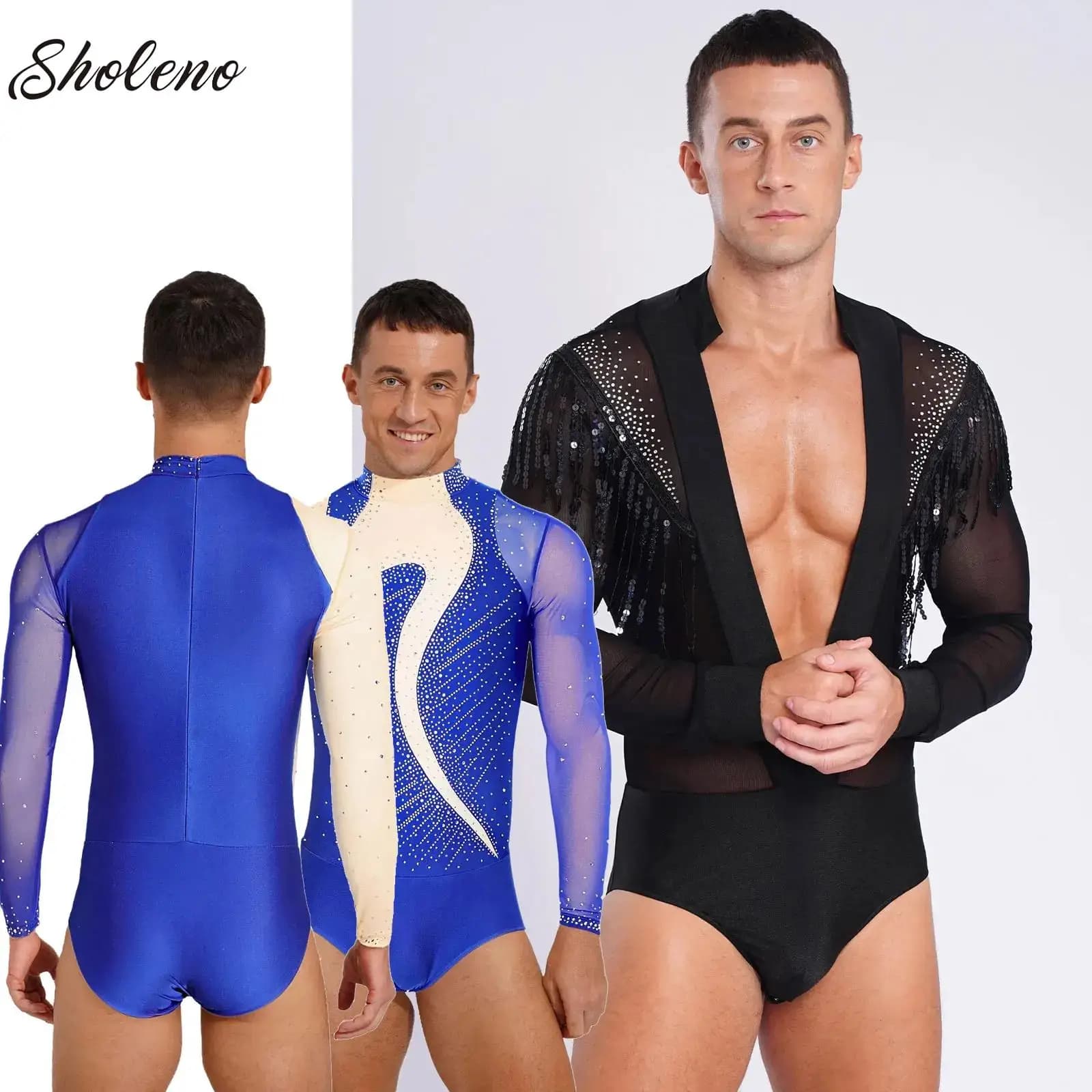 Ginnastica da uomo Balletto artistico Jersey Body Pattinaggio di figura Costume Sheer Mesh Lucido Paillettes Body a maniche lunghe