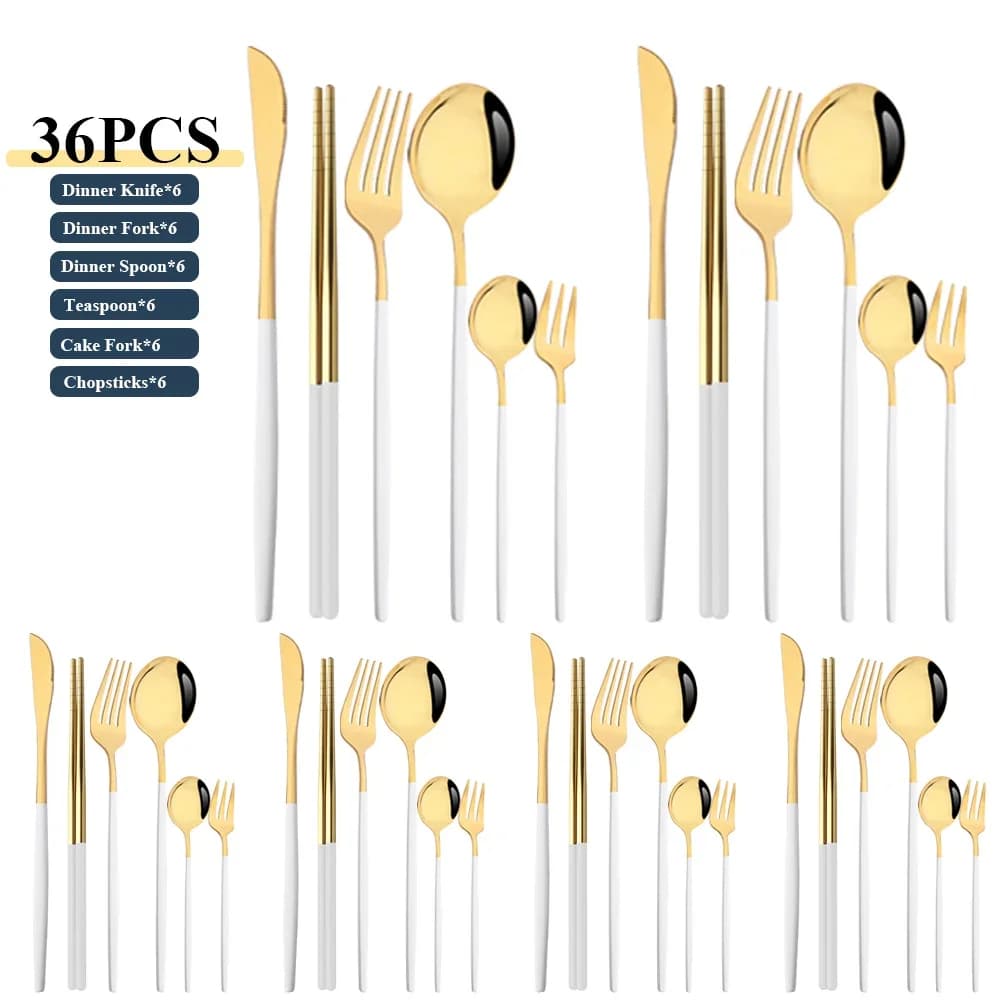 36 pieces set of crockery in white gold cutlery in stainless steel kitchen knife forchette spoon set of cutlery set of kitchen crockery