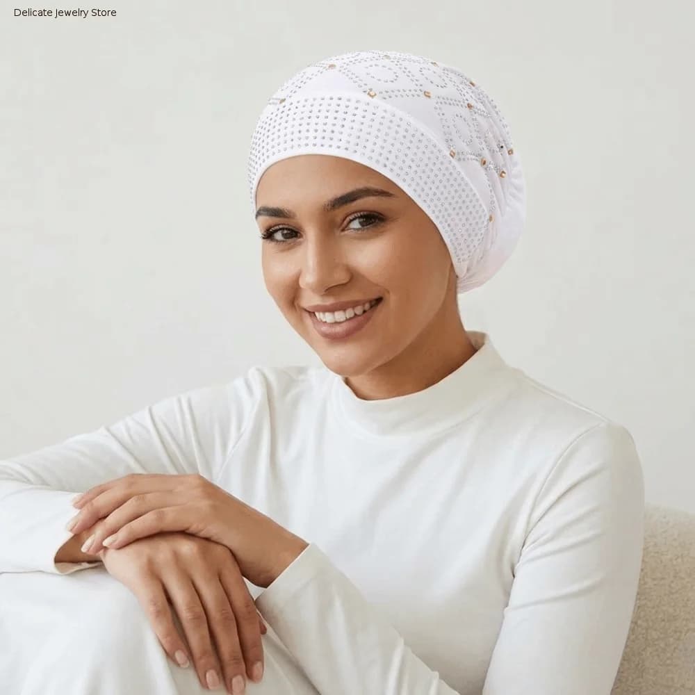 Beanies Rhinestone Turban Hat Shiny Elastic Fishtail Cap Mesh Head Cover Indian Headscarf Ethnic Festival