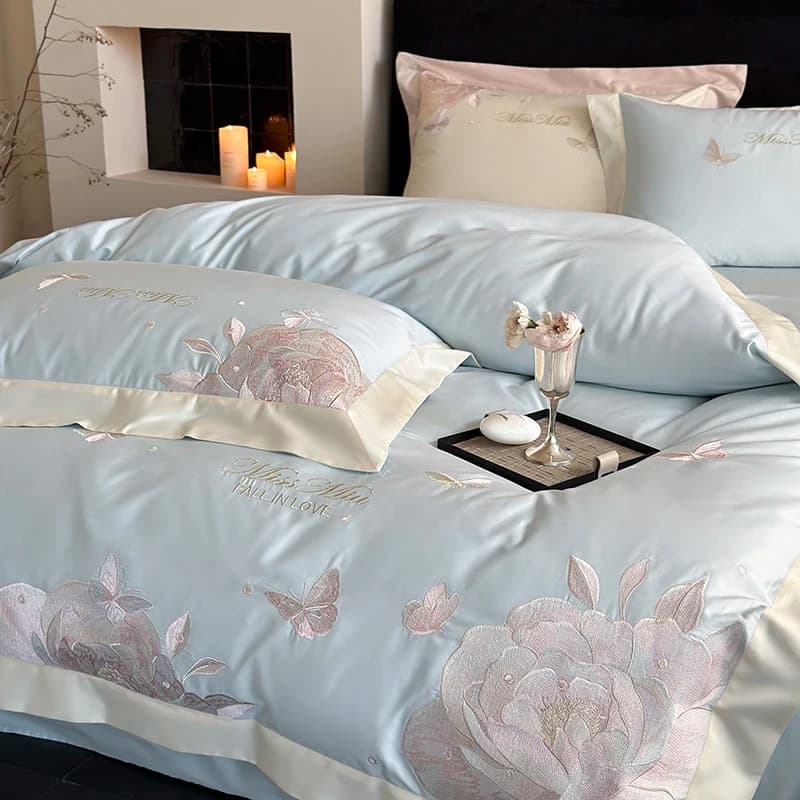 4 pezzi rosa farfalla fiori ricamo set biancheria da letto 1000TC set copripiumino in cotone egiziano lenzuolo/fodera federe