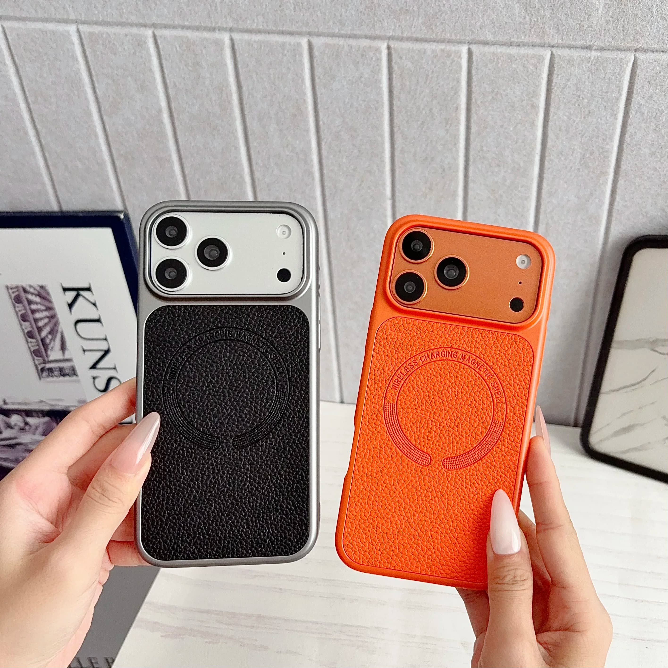 Luxury Plating Frame Lychee Grain PU Leather Shockproof Case For iPhone 17 16 15 14 13 Pro Max For Magsafe Magnetic Charge Cover