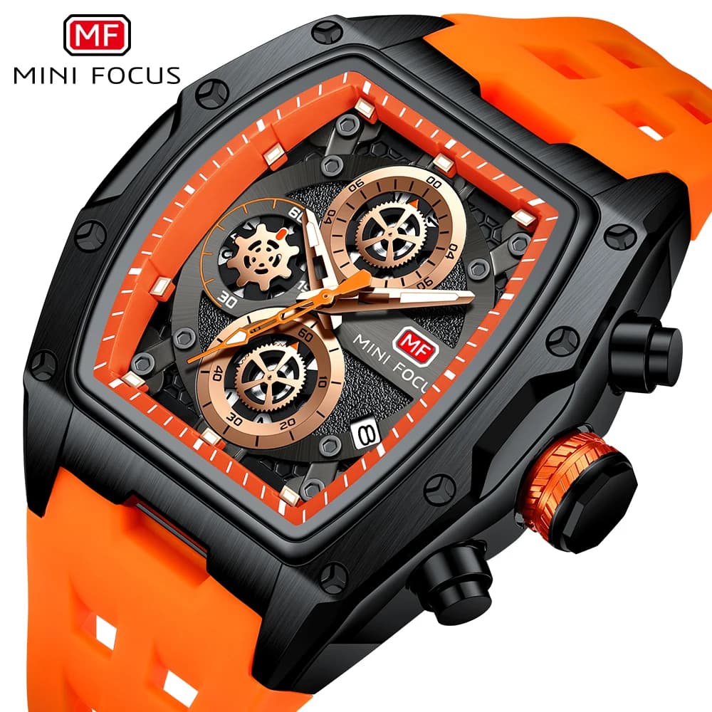 MINI FOCUS Sports orologi da uomo Top Brand Luxury multifunzione quadranti orologio al quarzo moda per uomo cinturino in Silicone arancione 0473G
