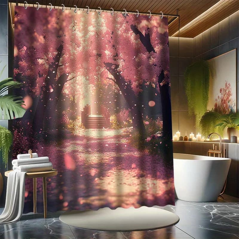 Bellissimo set di tende da doccia con fiori di ciliegio, ciliegio in fiore, paesaggi squisiti, divisorio per vasca, arredamento moderno per il bagno