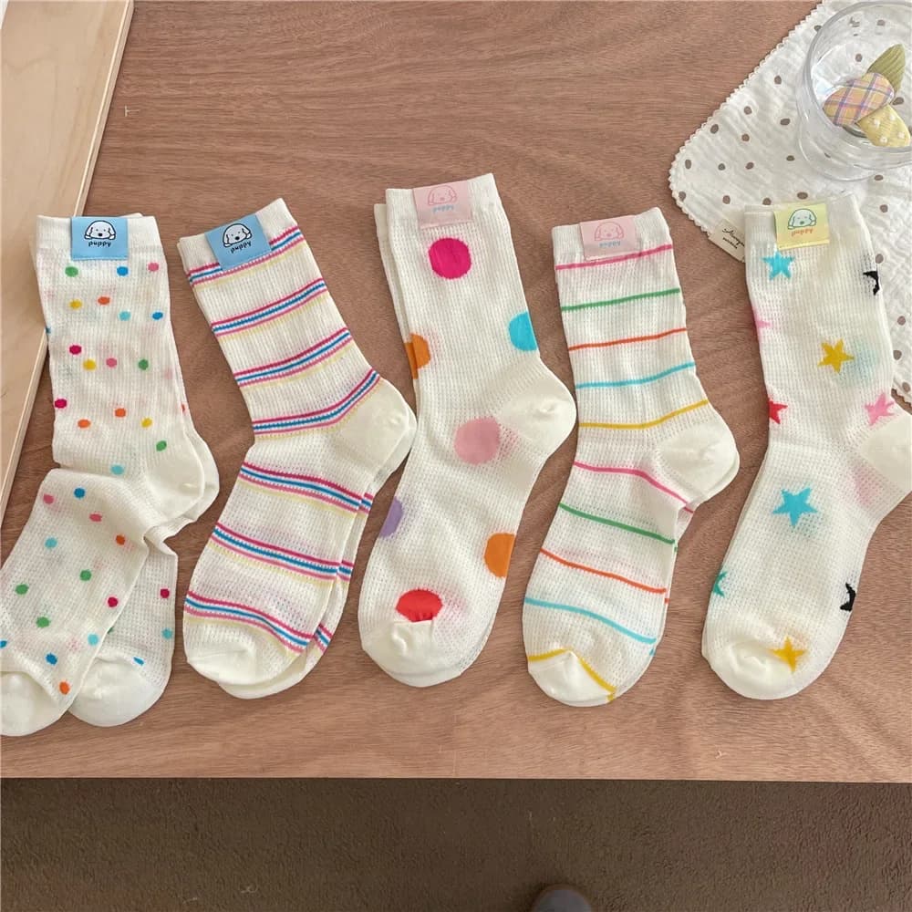 Polka Dot Socks Women Summer Mesh Thin Breathable Long Socks Multicolor Striped Harajuku Japanese Kawaii Cute Middle Tube Socks