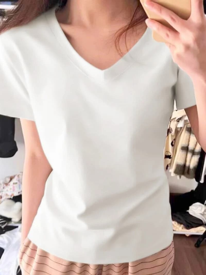 T-shirt Slim Fit a Maniche Corte con Scollo a V, 95% Cotone, con Elastico, Top Estivo per Donne Curvy, Comodo, Traspirante, Abbigliamento Casual