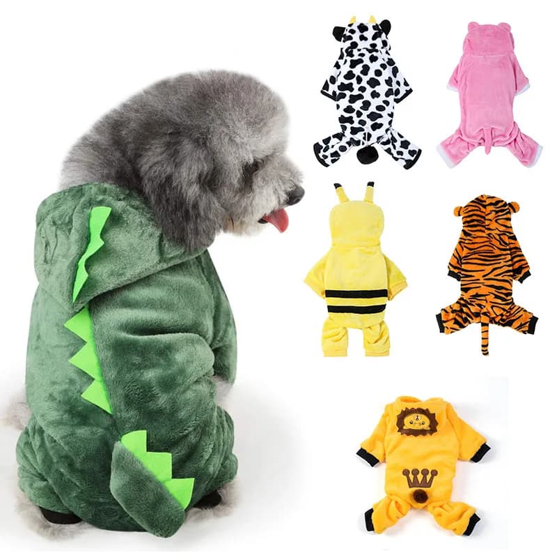 Warm Winter Pet Costume for Dogs Cats – Thick Coral Fleece Dinosaur Tiger Outfit, Funny Animal Onesie Pajamas for Small Medium D