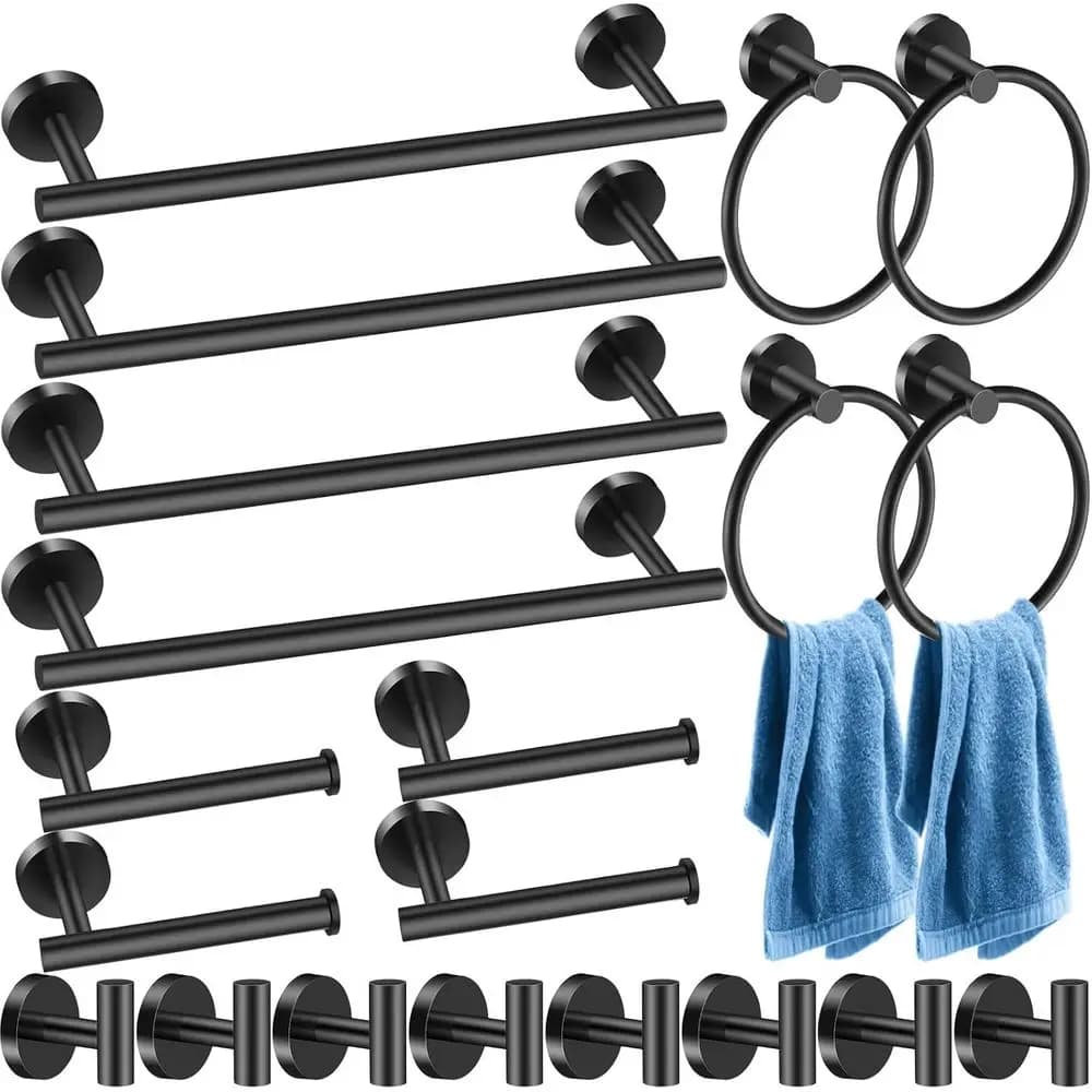 Set di Accessori per Bagno in Acciaio Inossidabile Nero Opaco da 16 Pollici con Portasciugamani, Ganci, Anelli e Portarotolo