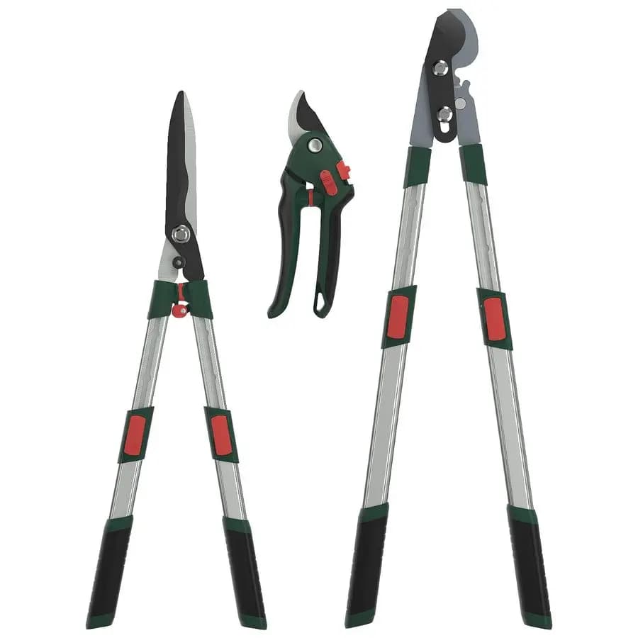 Set of 3 Garden Tools: Cesoie a Bypass, Siepi Scissors, Power Scissors with Telescopic Aluminium, Extensible and Resistent Handles