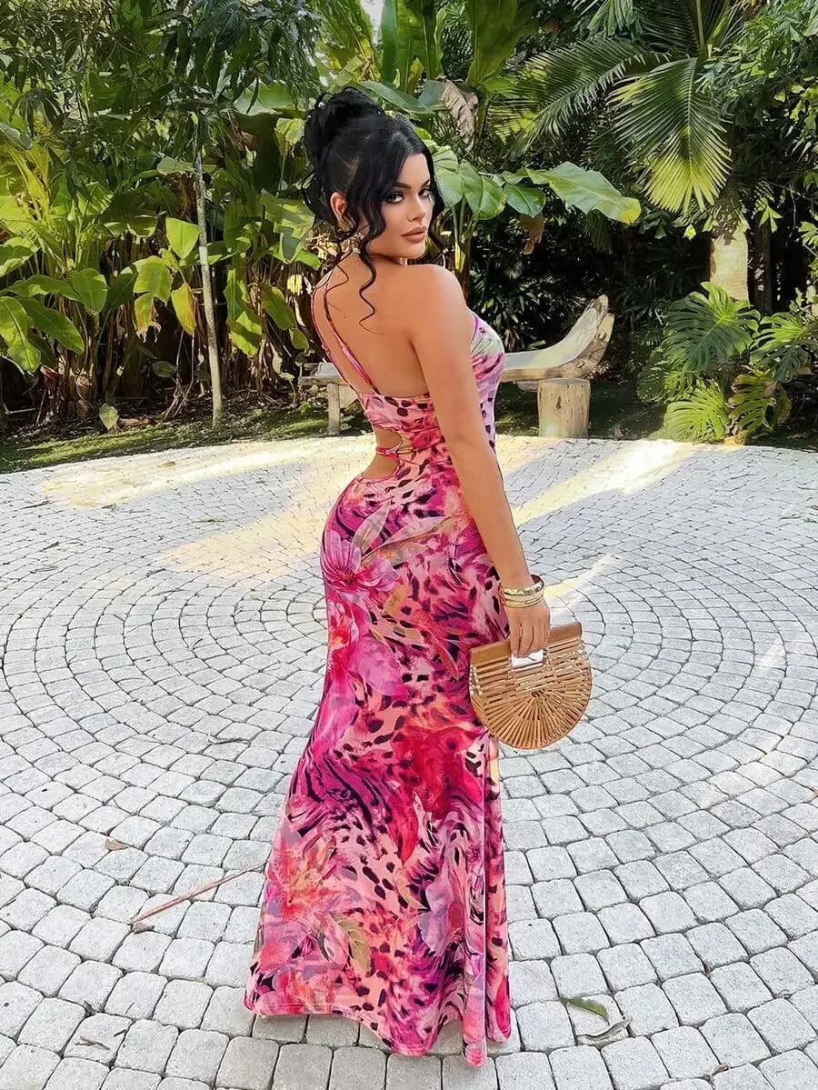 Abito lungo sexy con stampa leopardata floreale e dettagli traforati per vacanze, feste in spiaggia, estate
