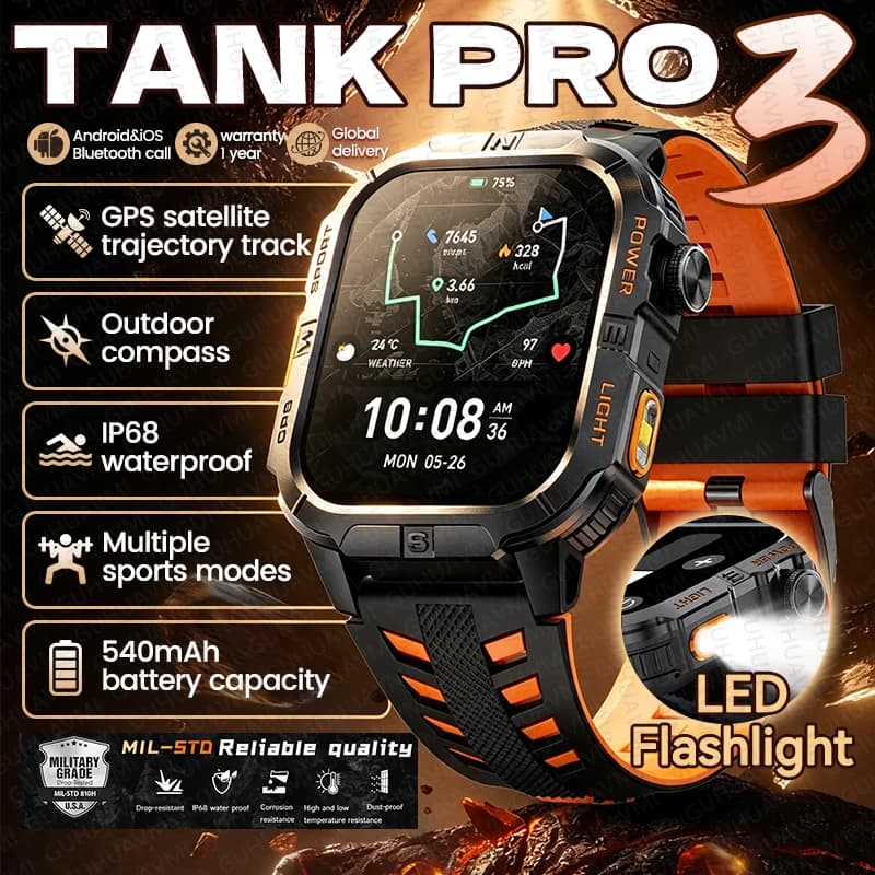 New Military TANK PRO3 Men Smart Watch Outdoor GPS Compass Flashlight Bluetooth Call IP68 Waterproof Sports 540mAh HD Smartwatch