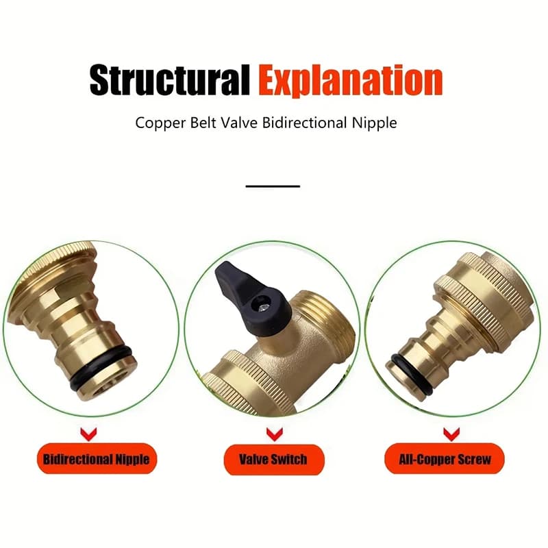 3/4" Brass Ball Valve Quick Connector - Two-way flow with EU thread for self-washing and garden pipes, sealed with rubber seals