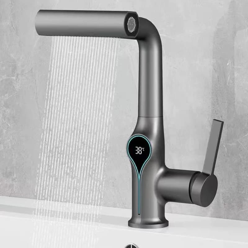Rubinetto per lavabo con display digitale a temperatura a cascata Sollevare verso il basso Spruzzatore a flusso Miscelatore per lavabo acqua calda fredda Rubinetto per il bagno