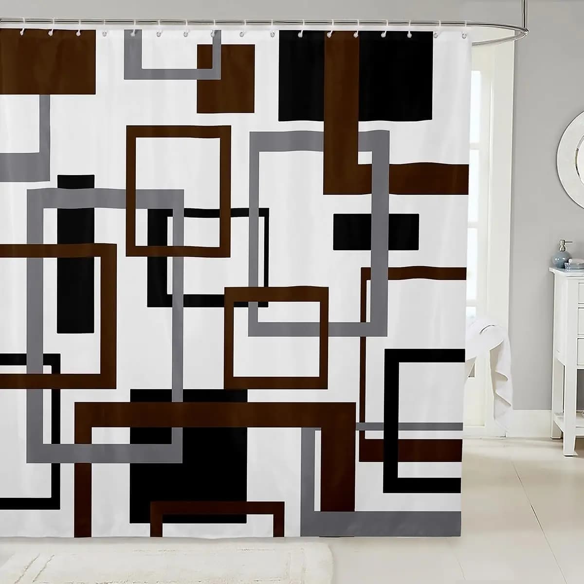 Tenda da Doccia Geometrica per Adulti, Tenda da Bagno Vintage Nera e Grigio-Marrone, Tenda da Bagno Moderna Stile Fattoria per Arredamento Casa