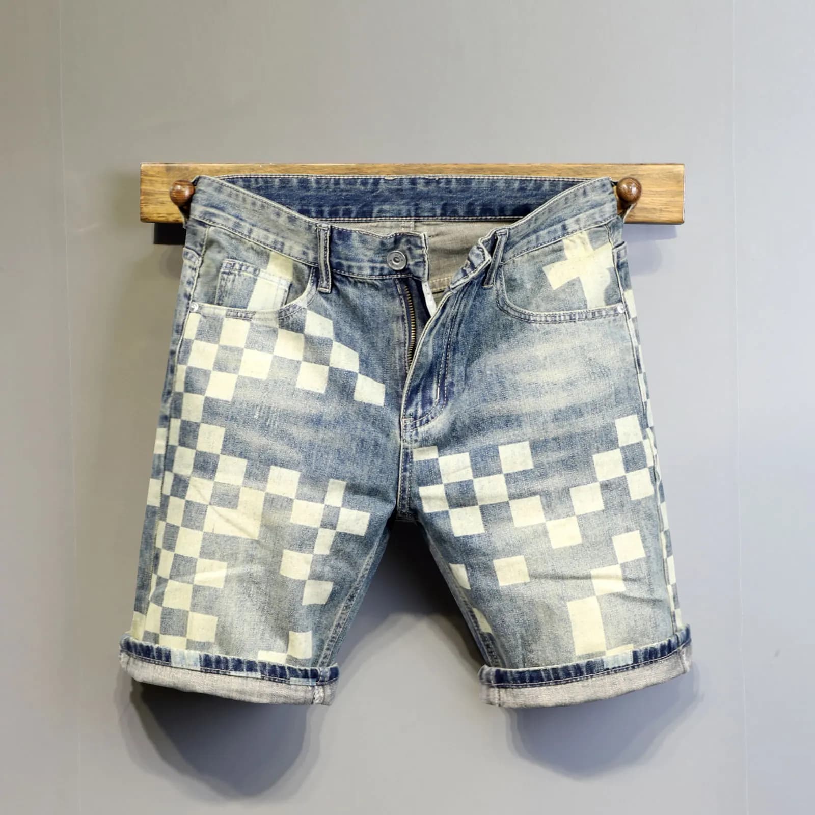 Fashionable Vintage Plaid Print Men's Short Jeans Casual Loose Fit Five-Quarter Length Mid-Waist High Waist Denim Shorts