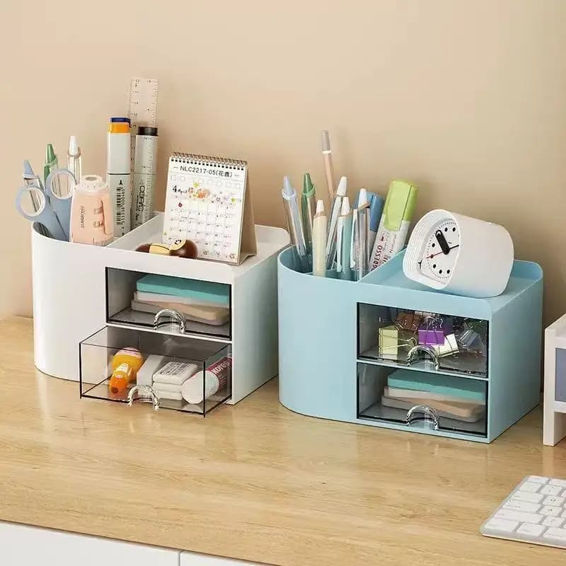 Organizzatore per penne con 2 cassetti, portapenne multifunzionale per scrivania, scatola portaoggetti per scrivania, forniture per ufficio, tavolo da toeletta