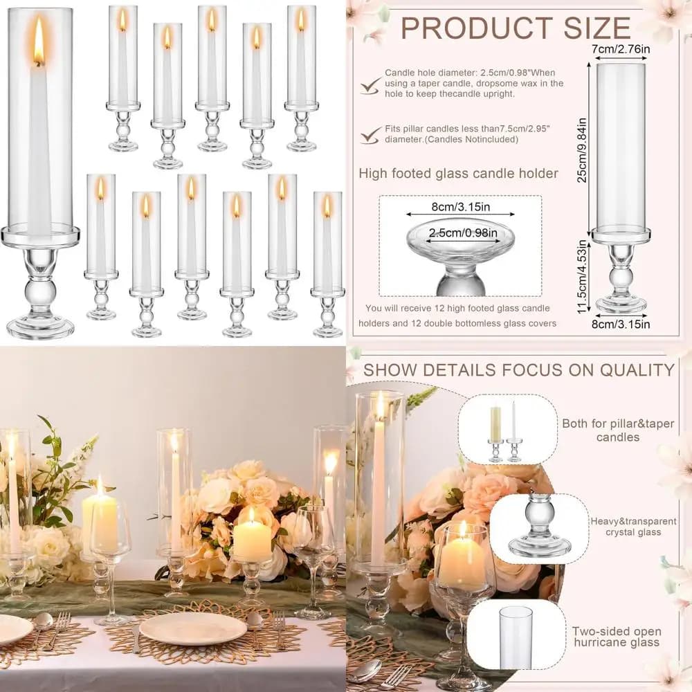 Set of 12 Glass candle holders, 13,8 Inches, Transparent, for Candles, for Weddings, Christmas and Home Decorations