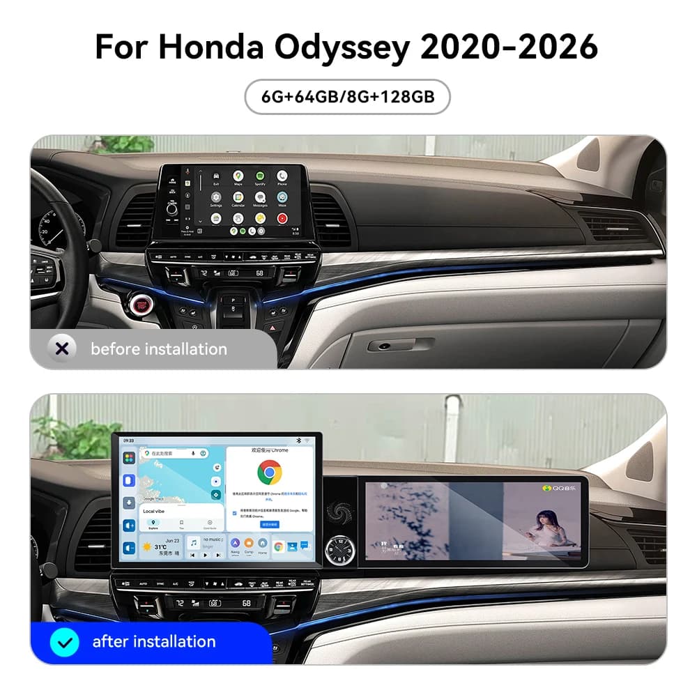 13.1"+12.3" Dual Screen Android13 Car Radio For Honda Odyssey 2020‑2026 8Core CPU Wireless CarPlay Android Auto GPS 360Panoramic