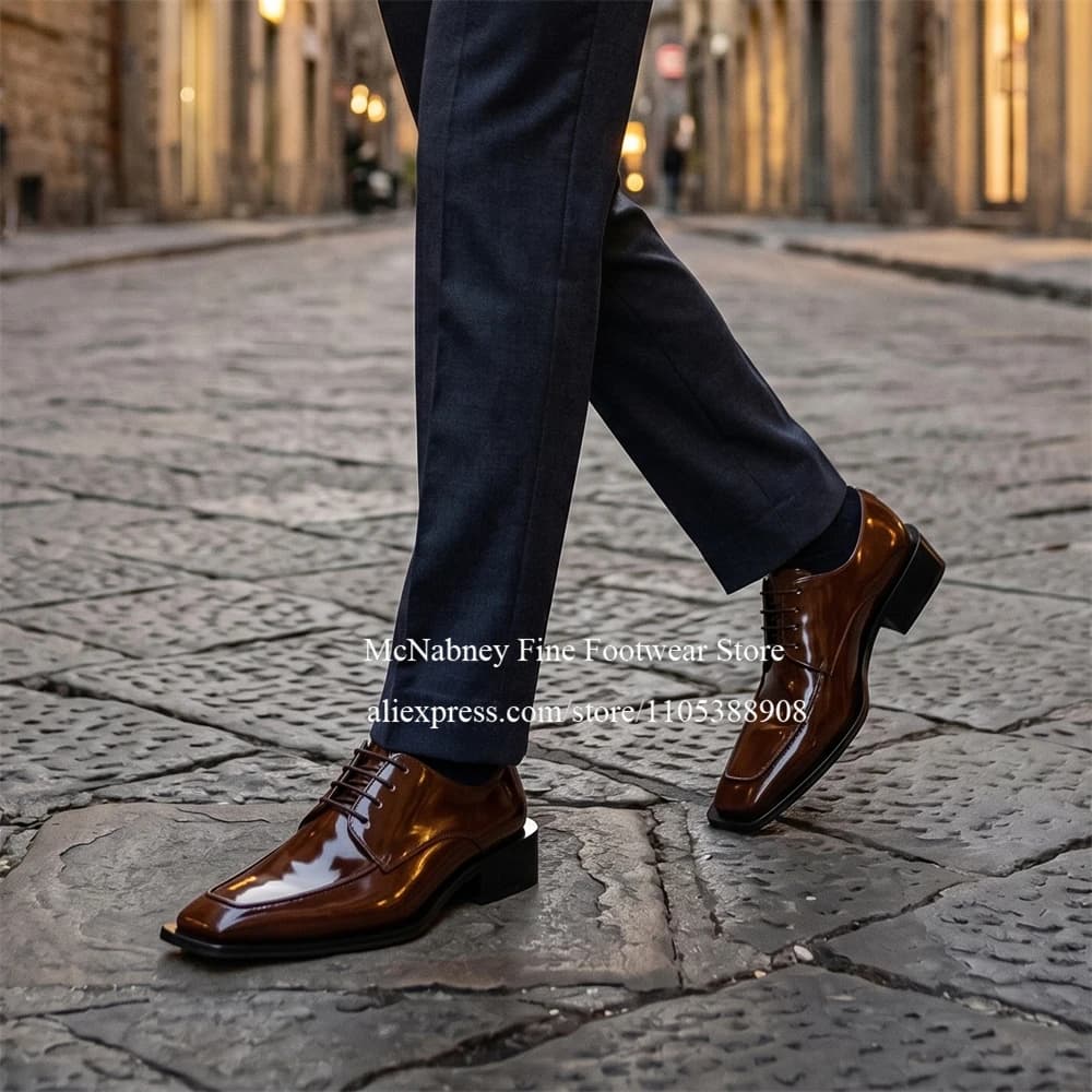 Patent Leather Lace up Square Toe Oxfords Formal Shoes Handmade Men Dress Shoes Business Wedding Party Gentlemen Shoes Plus Size