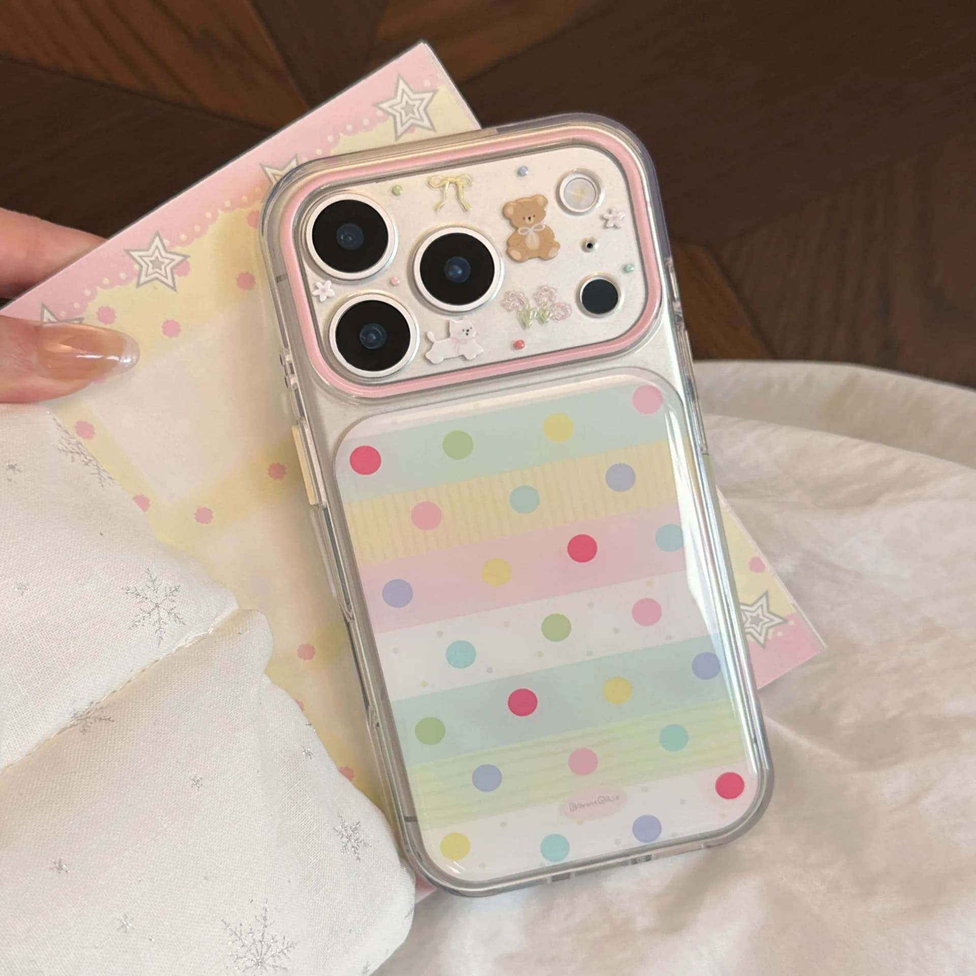Korean Splicing Colorful Polka Dots Pattern Phone Case for iPhone 17 16 15 14 Pro Max Clear Shockproof Protective Soft Cover