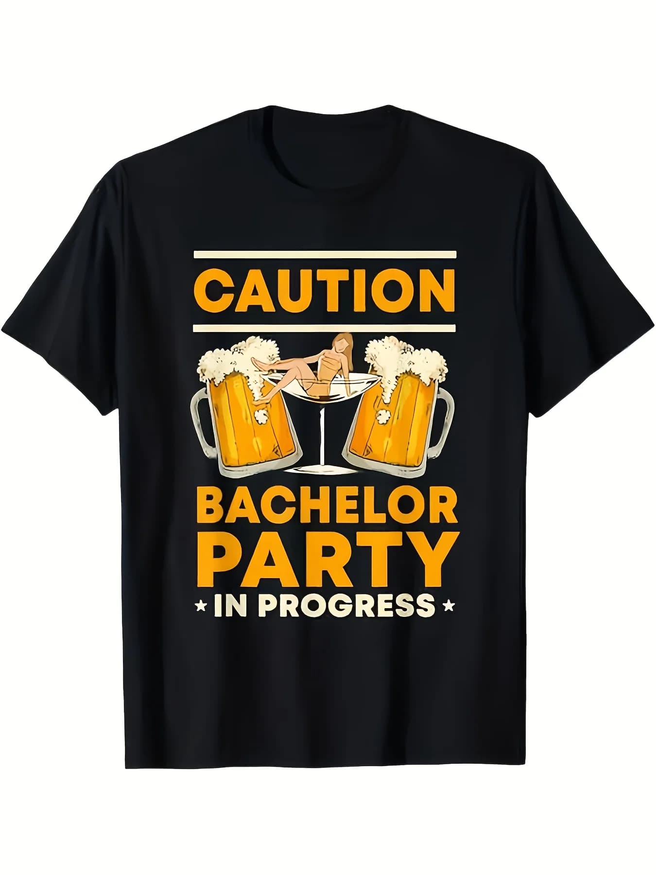 T-shirt da addio al celibato da uomo - T-shirt grafica umoristica "Caution Bachelor Party in Progress" con tazze da birra e design biondo